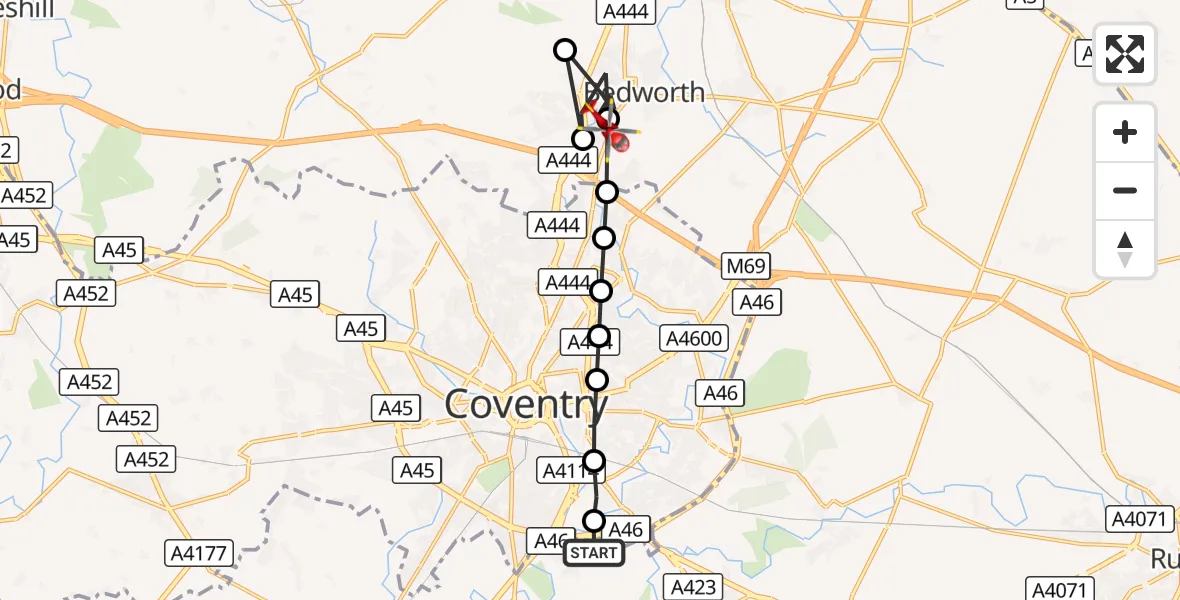 Flight route Air Ambulance Helicopter Coventry Airport - Bedworth, 04 October 2026, 14:29