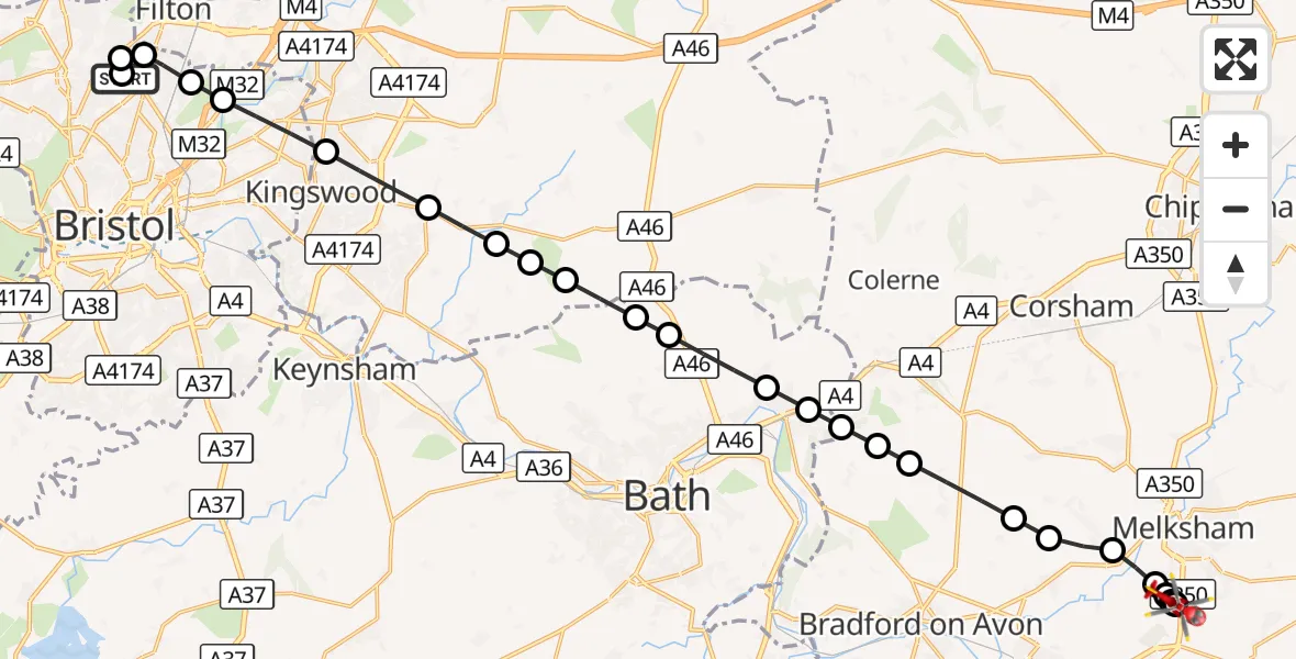Flight route Air Ambulance Helicopter Southmead Hospital - Wiltshire Air Ambulance, 04 October 2026, 14:29