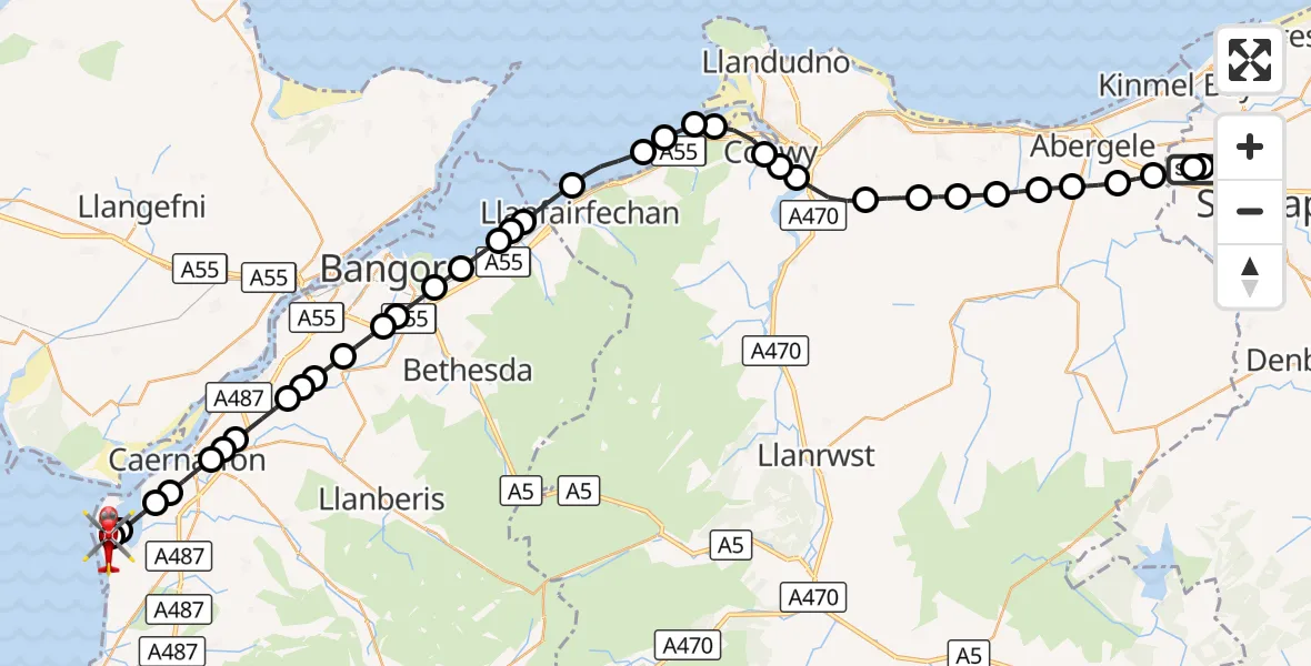Flight route Air Ambulance Helicopter Ysbyty Glan Clywd Hospital Heliport - Caernarfon Airport, 04 October 2026, 14:31