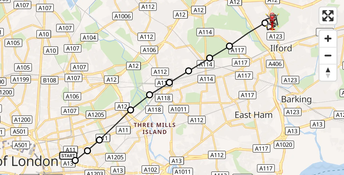 Flight route Air Ambulance Helicopter Royal London Hospital - Gants Hill, 04 October 2026, 14:36