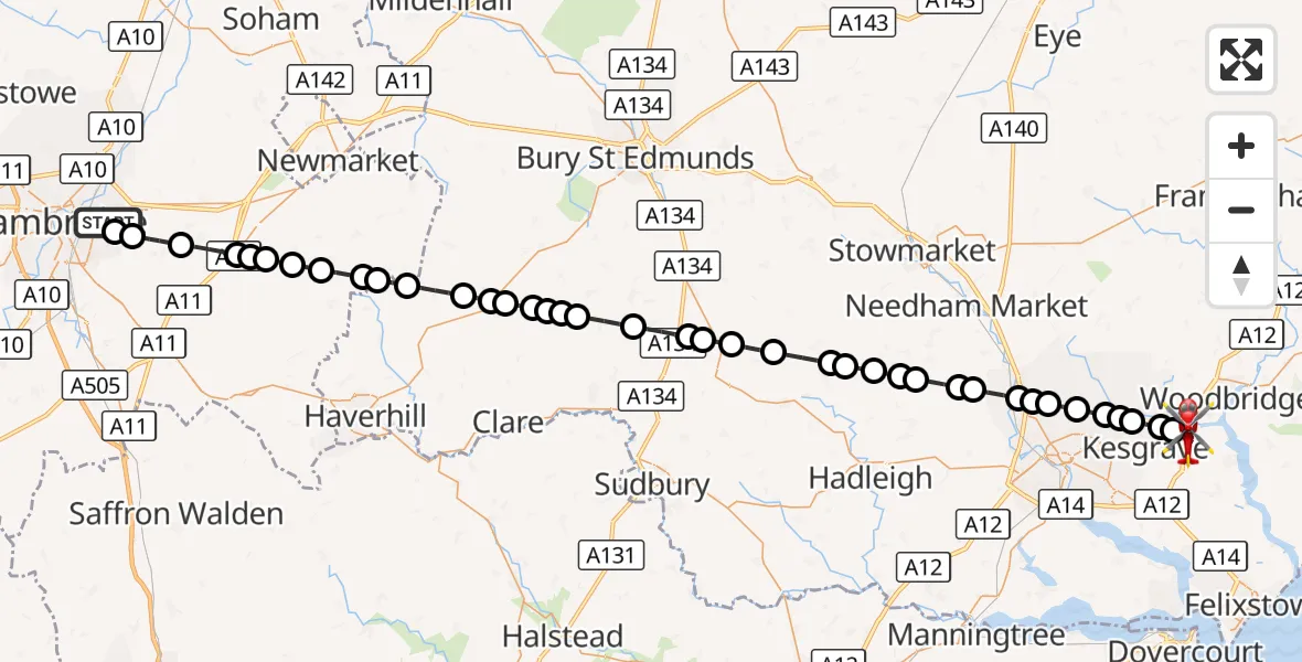 Flight route Air Ambulance Helicopter Cambridge City Airport - Martlesham, 04 October 2026, 14:50