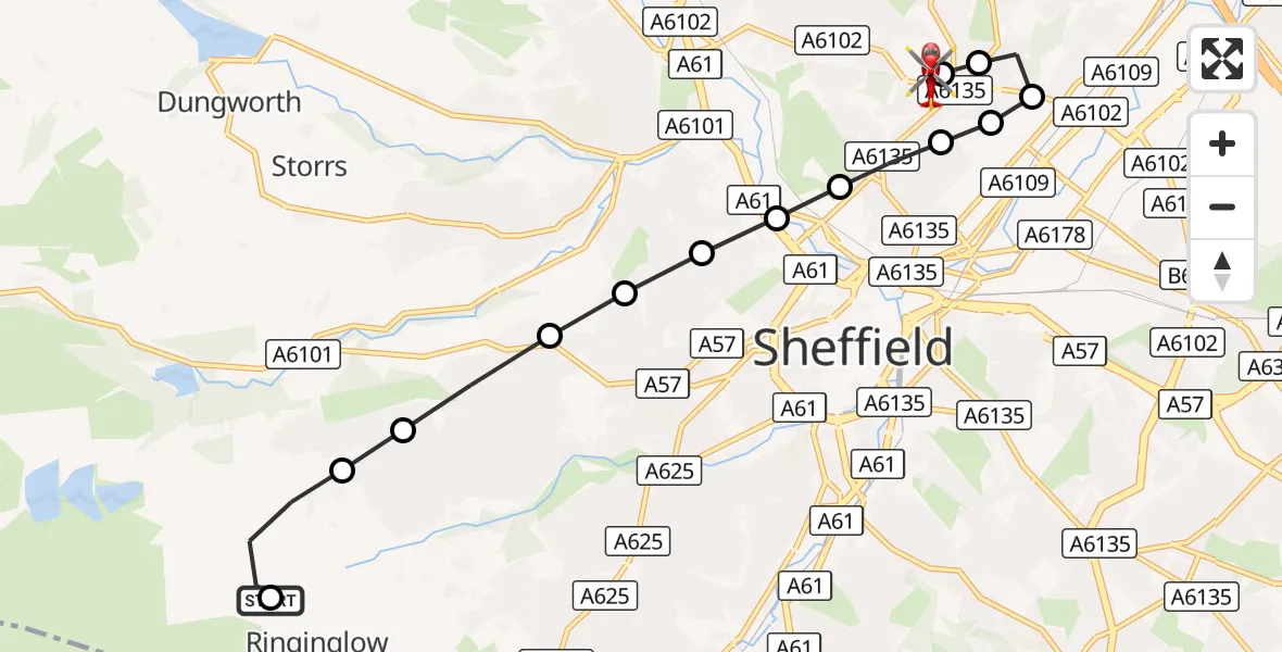 Flight route Air Ambulance Helicopter Ringinglow - Sheffield Northern Hospital, 04 October 2026, 14:56