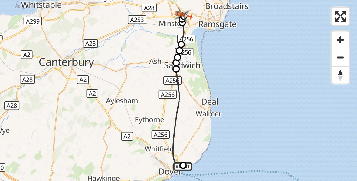 Flight route Coastguard Helicopter Langdon Battery Heliport - Manston Airport, 04 October 2026, 15:12