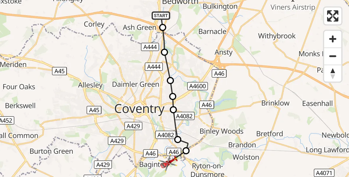 Flight route Air Ambulance Helicopter Exhall - Coventry Airport, 04 October 2026, 15:19