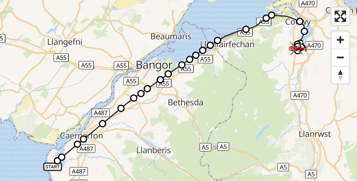 Flight route Air Ambulance Helicopter Caernarfon Airport - Rowen, 04 October 2026, 15:21