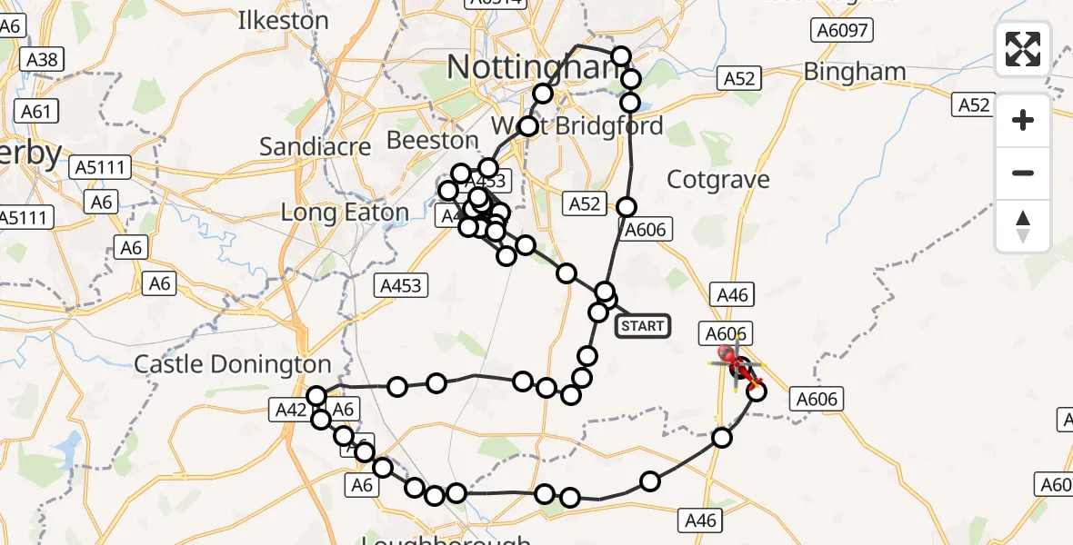 Flight route Air Ambulance Helicopter Keyworth - Hickling, 04 October 2026, 15:23