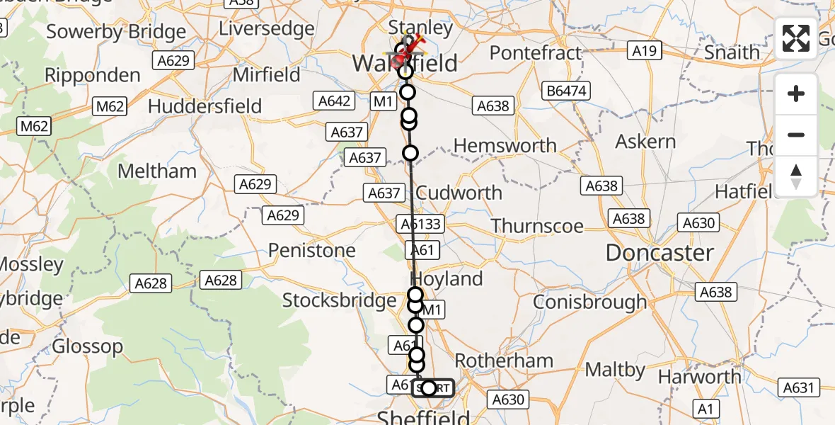 Flight route Air Ambulance Helicopter Sheffield Northern Hospital - Stanley, 04 October 2026, 15:45