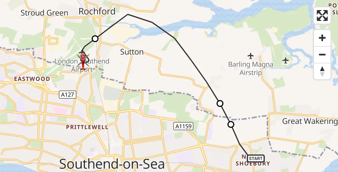 Flight route Air Ambulance Helicopter Shoeburyness - London Southend Airport, 04 October 2026, 15:49