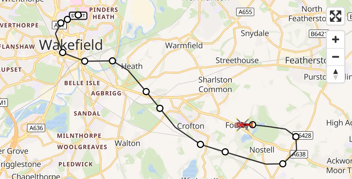 Flight route Air Ambulance Helicopter Newton Hill - YAA Nostell Helicopter Port, 04 October 2026, 16:01