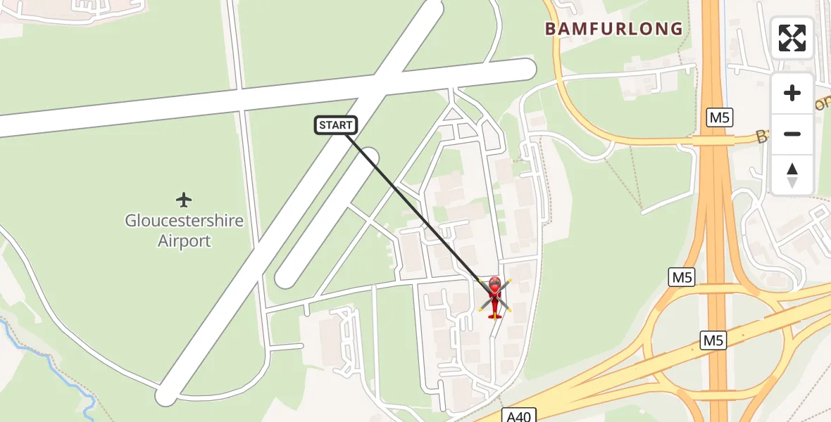 Flight route Air Ambulance Helicopter Gloucestershire Airport - Tewkesbury, 04 October 2026, 16:05