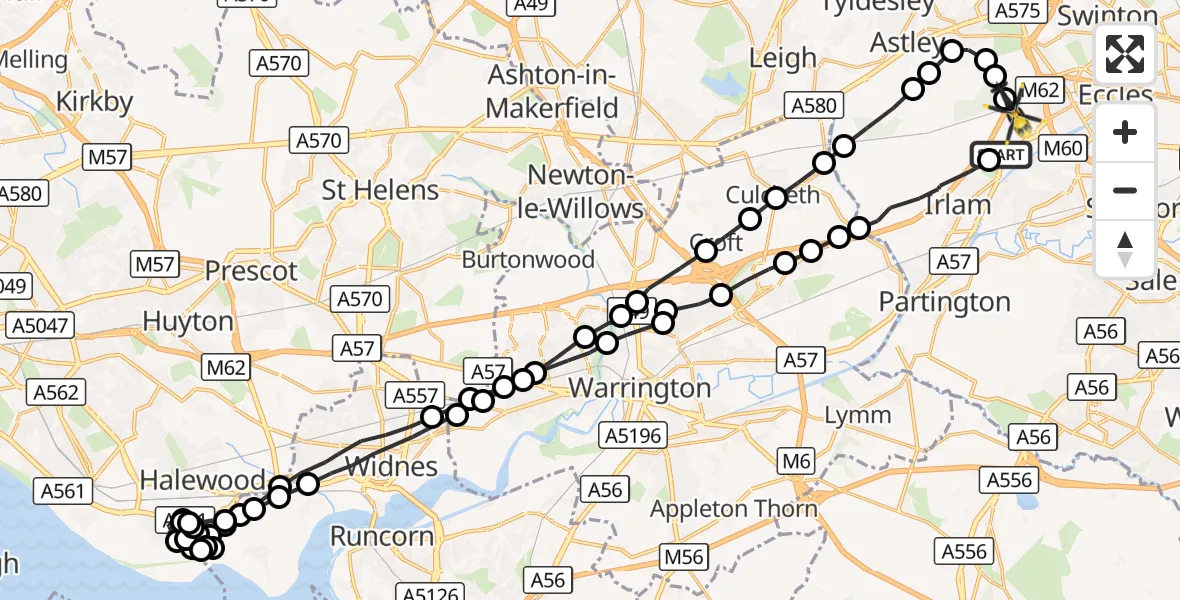 Flight route Police Helicopter Manchester Barton Aerodrome - Worsley, 04 October 2026, 16:08