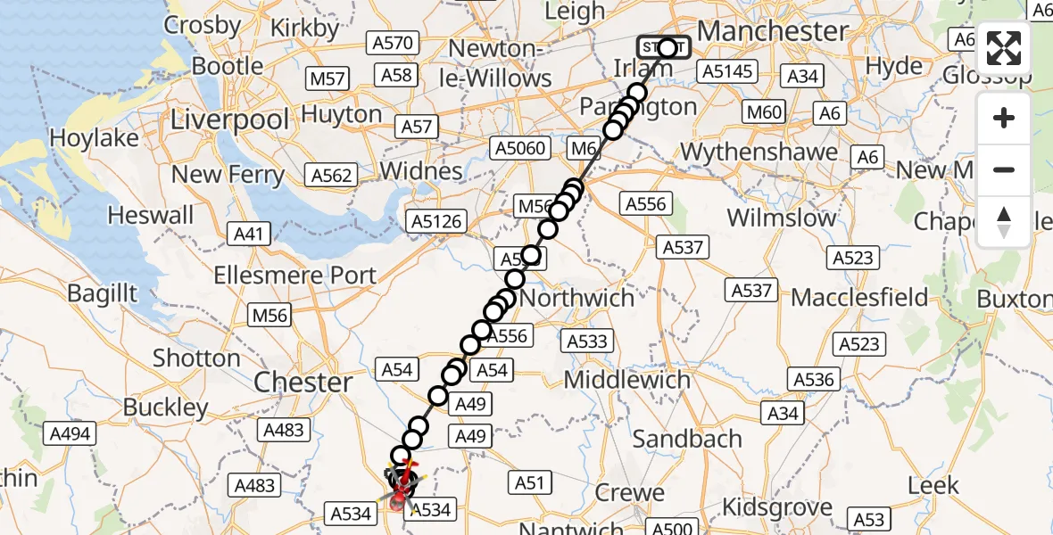 Flight route Air Ambulance Helicopter Manchester Barton Aerodrome - Harthill, 04 October 2026, 16:11