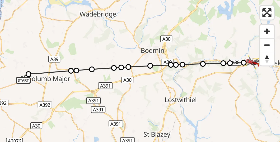 Flight route Air Ambulance Helicopter Cornwall Airport Newquay - Doublebois, 04 October 2026, 16:14
