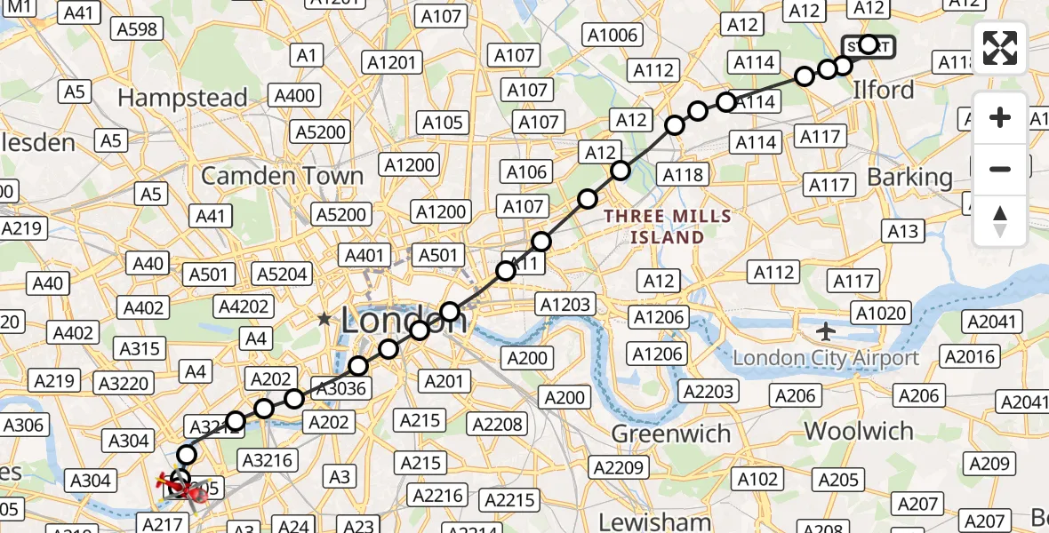 Flight route Air Ambulance Helicopter Gants Hill - London Heliport, 04 October 2026, 16:18