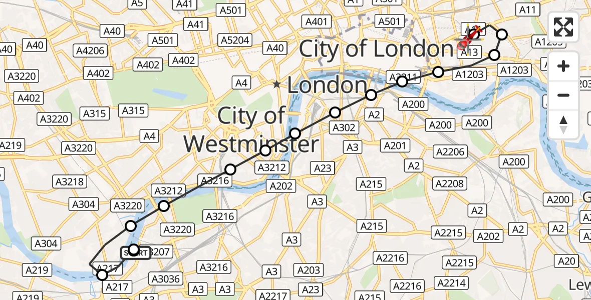Flight route Air Ambulance Helicopter London Heliport - Royal London Hospital, 04 October 2026, 16:40