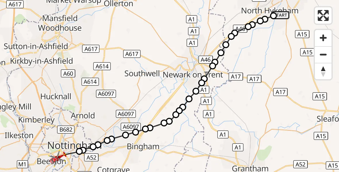 Flight route Air Ambulance Helicopter Waddington - City of Nottingham, 04 October 2026, 16:42
