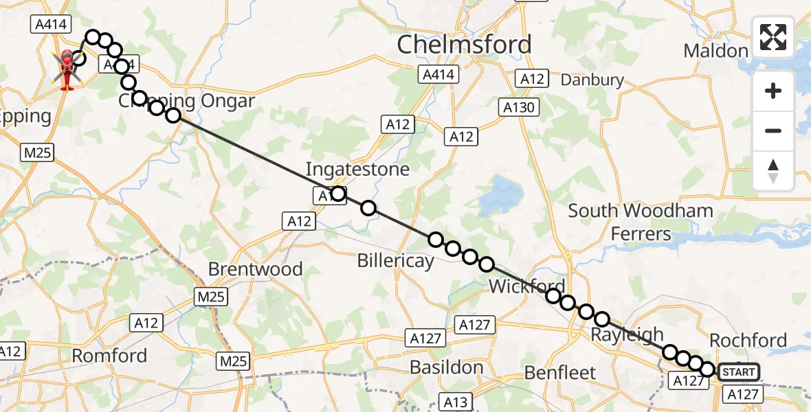 Flight route Air Ambulance Helicopter London Southend Airport - North Weald Airfield, 04 October 2026, 16:44