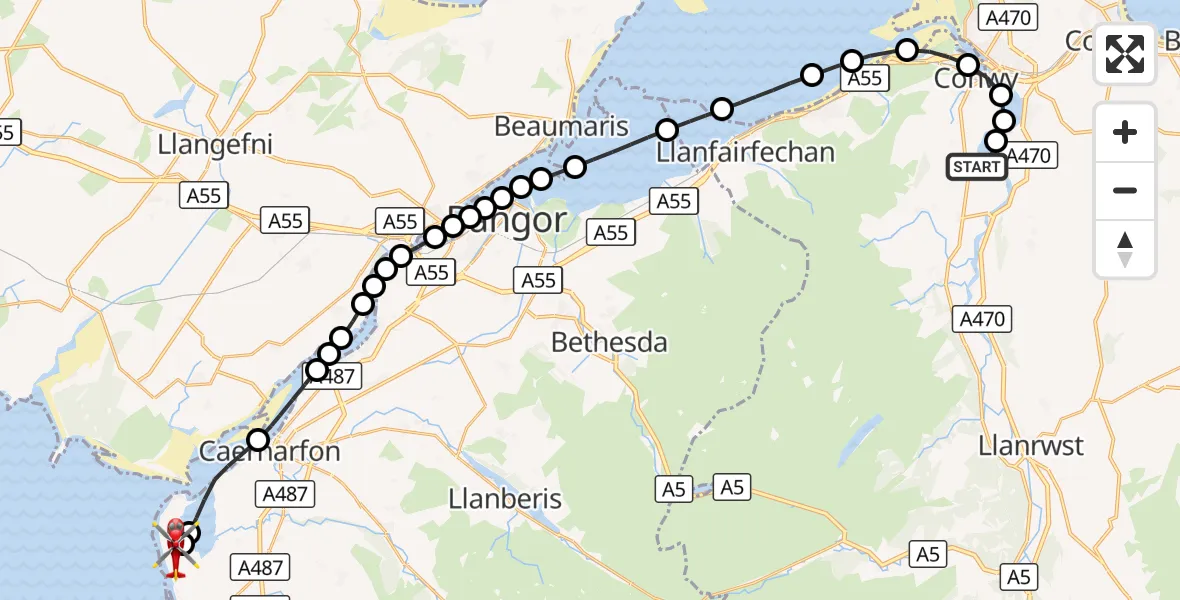 Flight route Air Ambulance Helicopter Ty'n y Groes - Caernarfon Airport, 04 October 2026, 16:59
