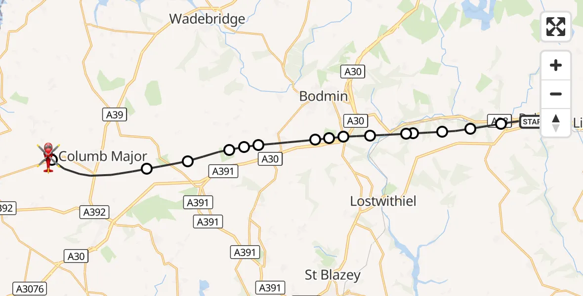 Flight route Air Ambulance Helicopter Doublebois - Cornwall Airport Newquay, 04 October 2026, 17:00
