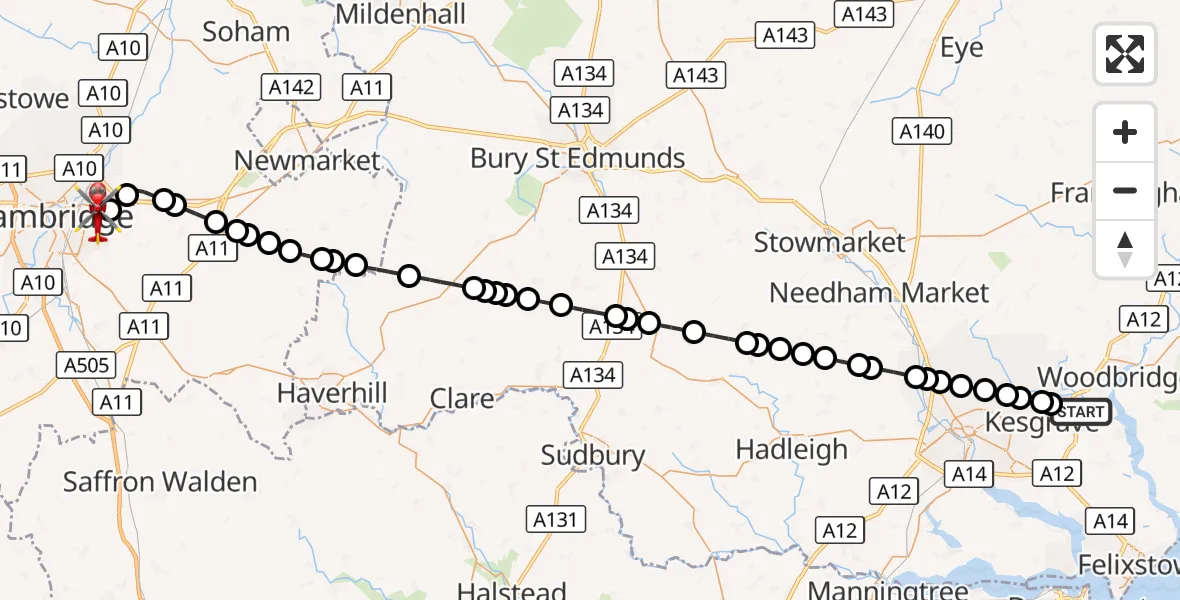 Flight route Air Ambulance Helicopter Martlesham - Cambridge City Airport, 04 October 2026, 17:01