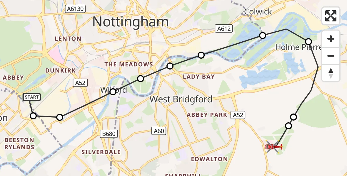 Flight route Air Ambulance Helicopter City of Nottingham - Nottingham City Airport, 04 October 2026, 17:14