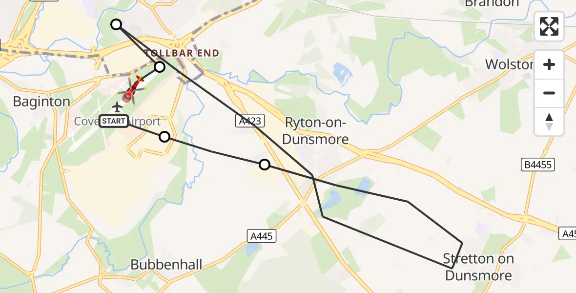 Flight route Air Ambulance Helicopter Coventry Airport - Coventry Airport, 04 October 2026, 17:15