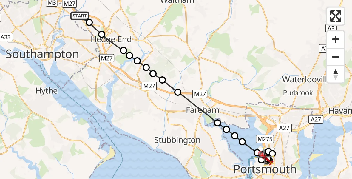 Flight route Air Ambulance Helicopter West End - Stamshaw, 04 October 2026, 17:15