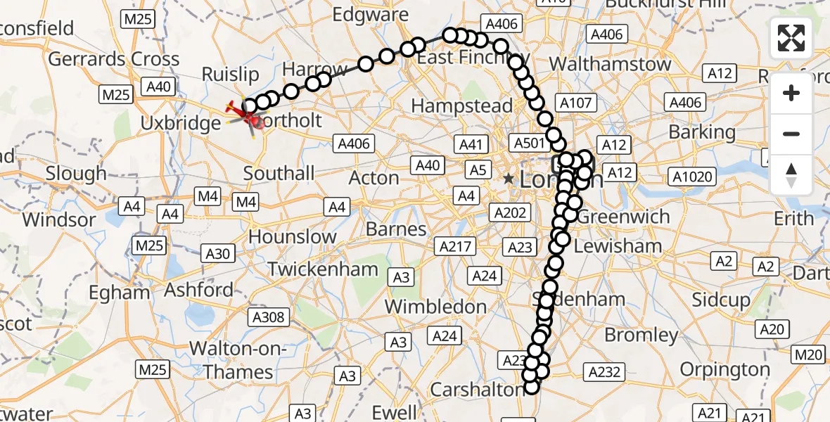 Flight route Air Ambulance Helicopter Royal London Hospital - RAF Northolt, 04 October 2026, 17:17