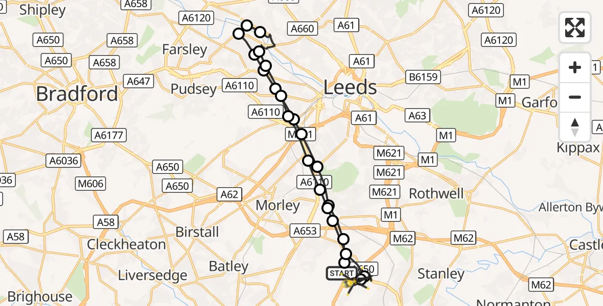 Flight route Police Helicopter East Ardsley - East Ardsley, 04 October 2026, 17:24