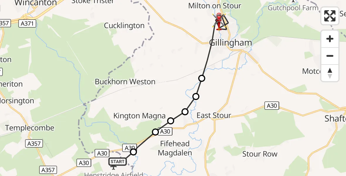 Flight route Air Ambulance Helicopter Henstridge Airfield - Gillingham, 04 October 2026, 17:49