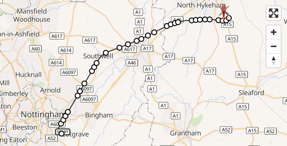 Flight route Air Ambulance Helicopter Nottingham City Airport - North Kesteven, 04 October 2026, 18:00