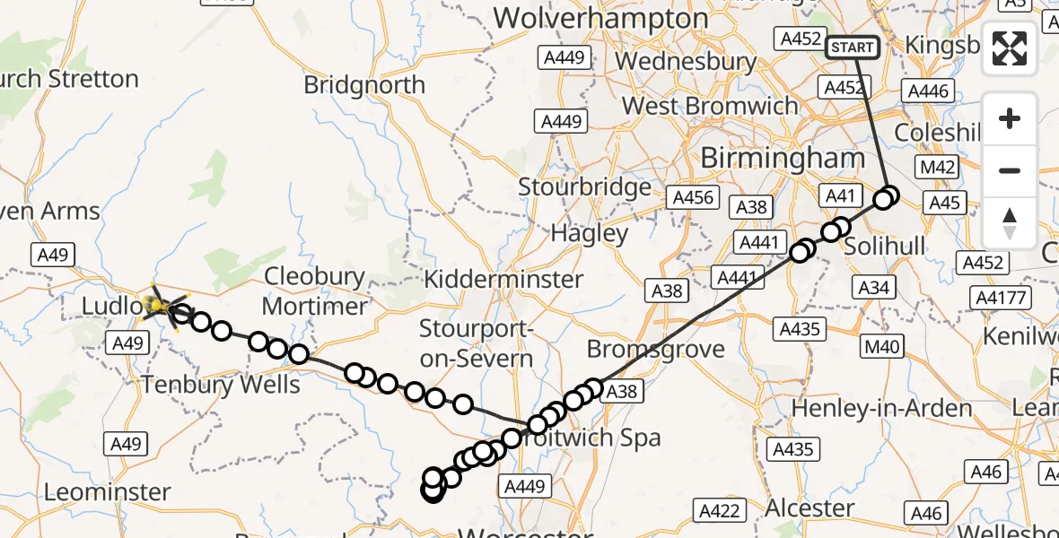 Flight route Police Helicopter Sutton Coldfield - Knowbury, 04 October 2026, 18:15