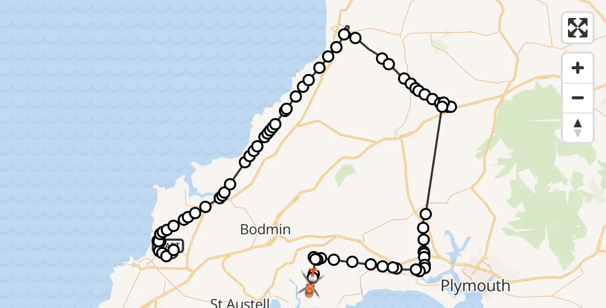 Flight route Coastguard Helicopter Cornwall Airport Newquay - Lanreath, 04 October 2026, 18:21