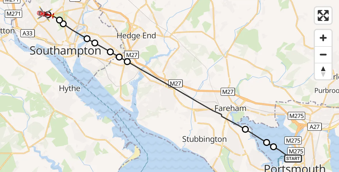 Flight route Air Ambulance Helicopter Portsmouth - Shirley, 04 October 2026, 18:27