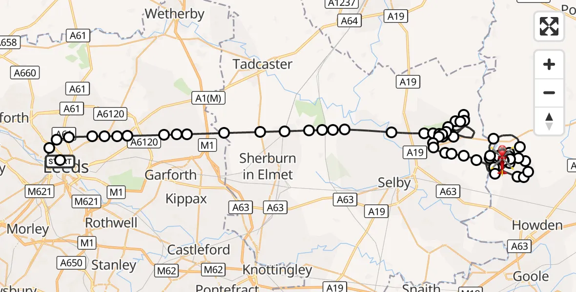 Flight route Air Ambulance Helicopter Woodhouse - Breighton Airfield, 04 October 2026, 18:33