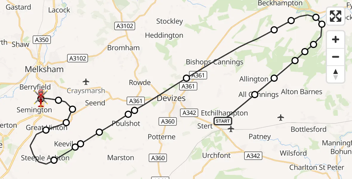 Flight route Air Ambulance Helicopter Etchilhampton - Wiltshire Air Ambulance, 04 October 2026, 18:46
