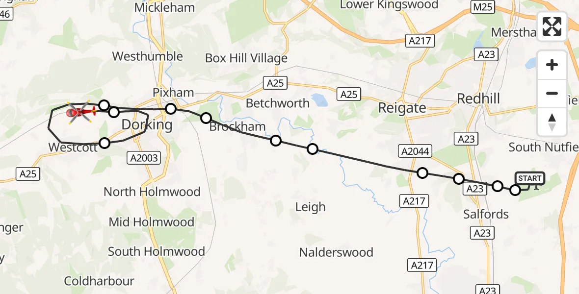 Flight route Air Ambulance Helicopter Redhill Aerodrome - Westcott, 04 October 2026, 18:52
