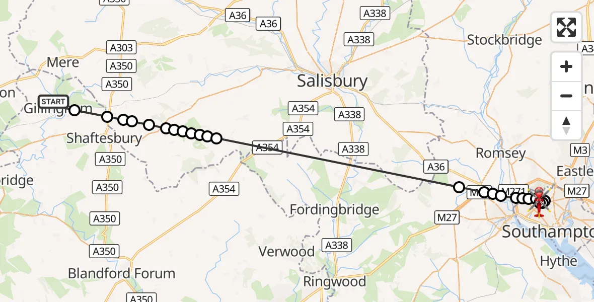 Flight route Air Ambulance Helicopter Gillingham - University Hospital Southampton, 04 October 2026, 19:06