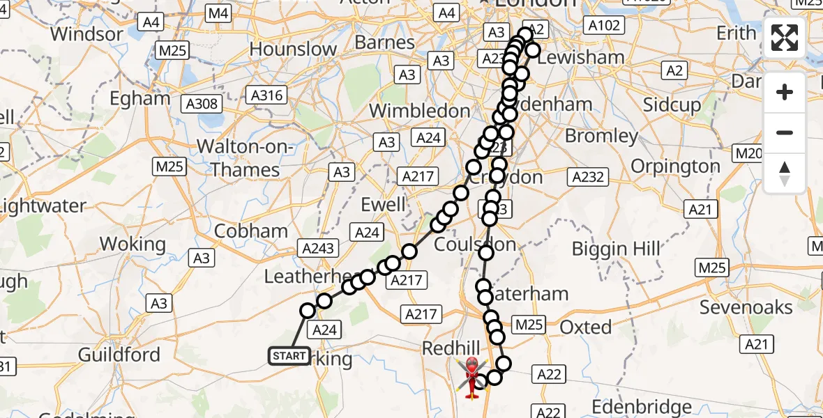 Flight route Air Ambulance Helicopter Mole Valley - Redhill Aerodrome, 04 October 2026, 19:09