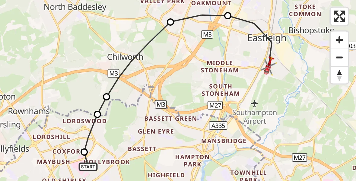 Flight route Air Ambulance Helicopter University Hospital Southampton - Eastleigh, 04 October 2026, 19:09