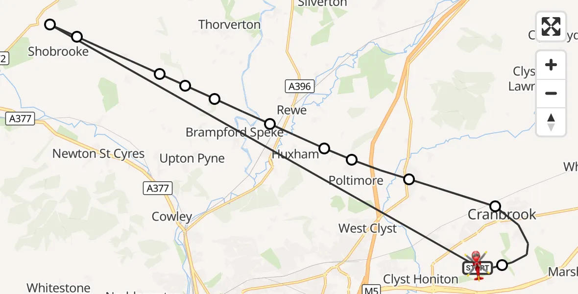 Flight route Air Ambulance Helicopter Exeter International Airport - Exeter International Airport, 04 October 2026, 19:10