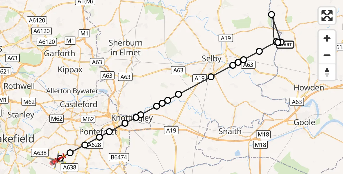 Flight route Air Ambulance Helicopter Breighton Airfield - YAA Nostell Helicopter Port, 04 October 2026, 19:10