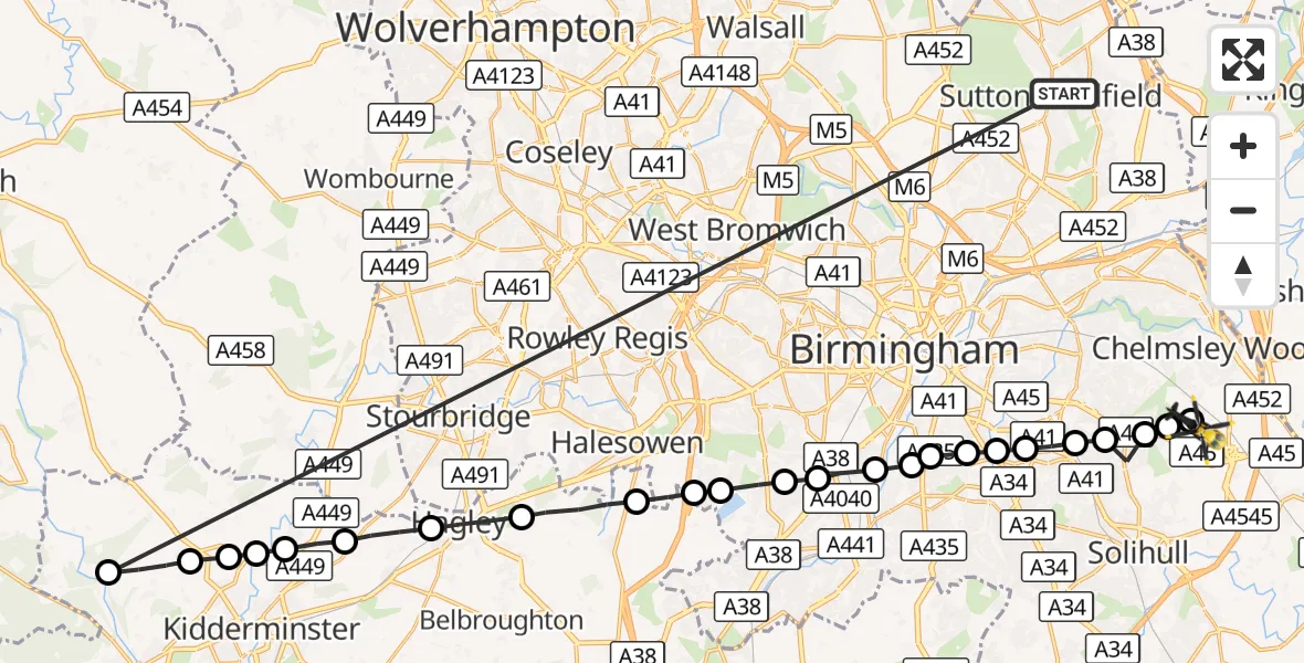 Flight route Police Helicopter Sutton Coldfield - Birmingham Airport, 04 October 2026, 19:19