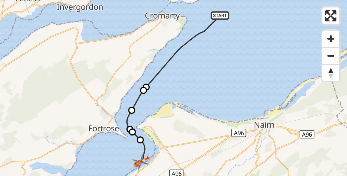 Flight route Coastguard Helicopter North Sea - Ardersier, 04 October 2026, 19:36
