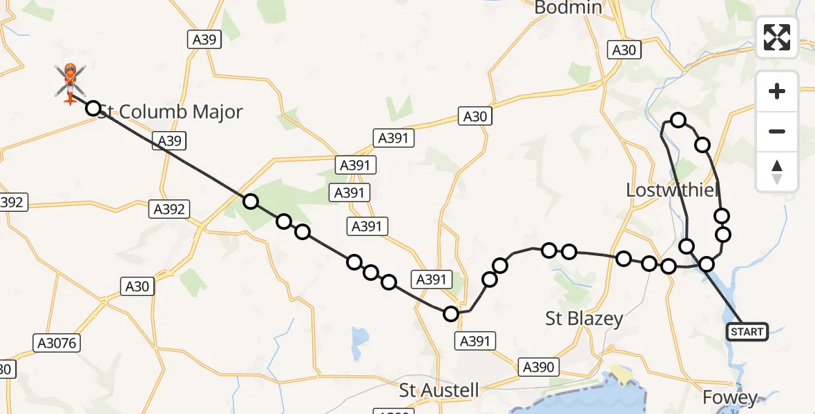 Flight route Coastguard Helicopter Golant - Cornwall Airport Newquay, 04 October 2026, 19:39