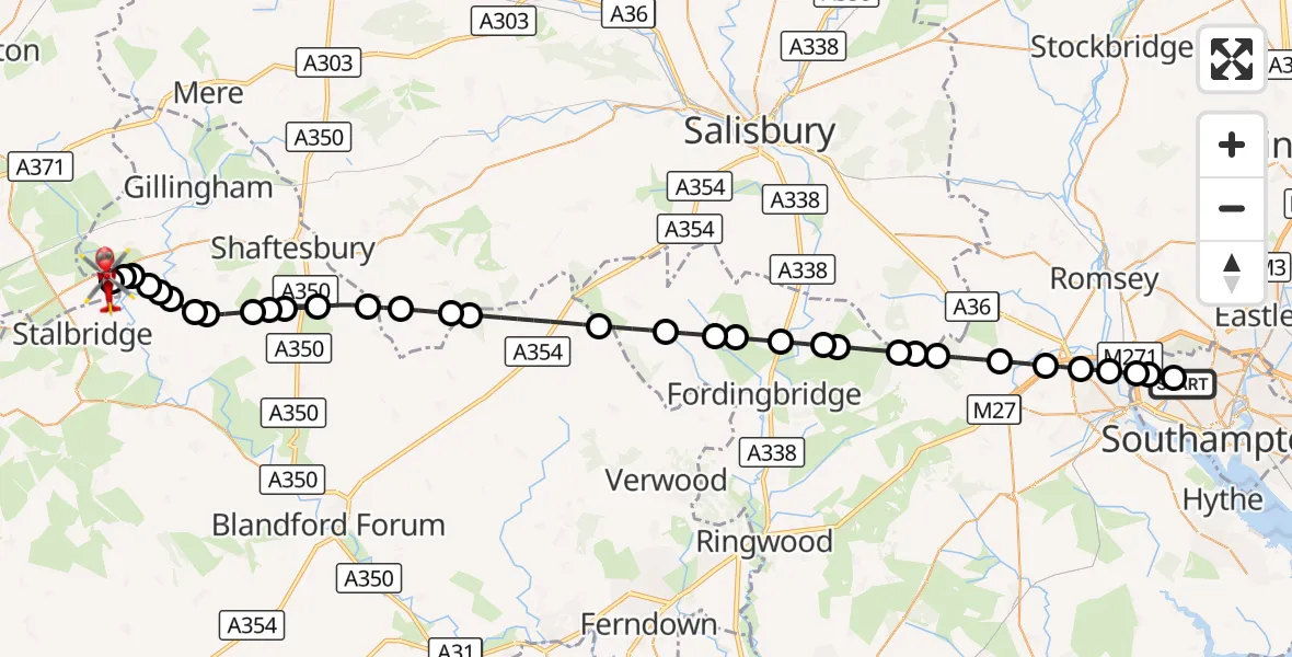 Flight route Air Ambulance Helicopter University Hospital Southampton - Henstridge Airfield, 04 October 2026, 20:06
