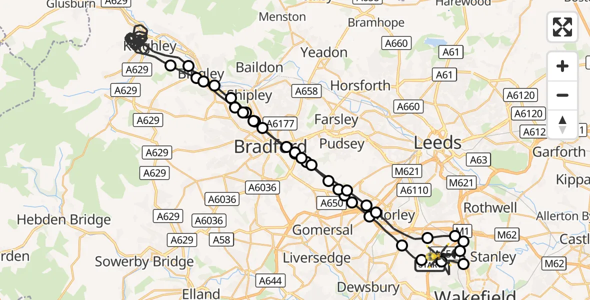 Flight route Police Helicopter East Ardsley - East Ardsley, 04 October 2026, 20:06