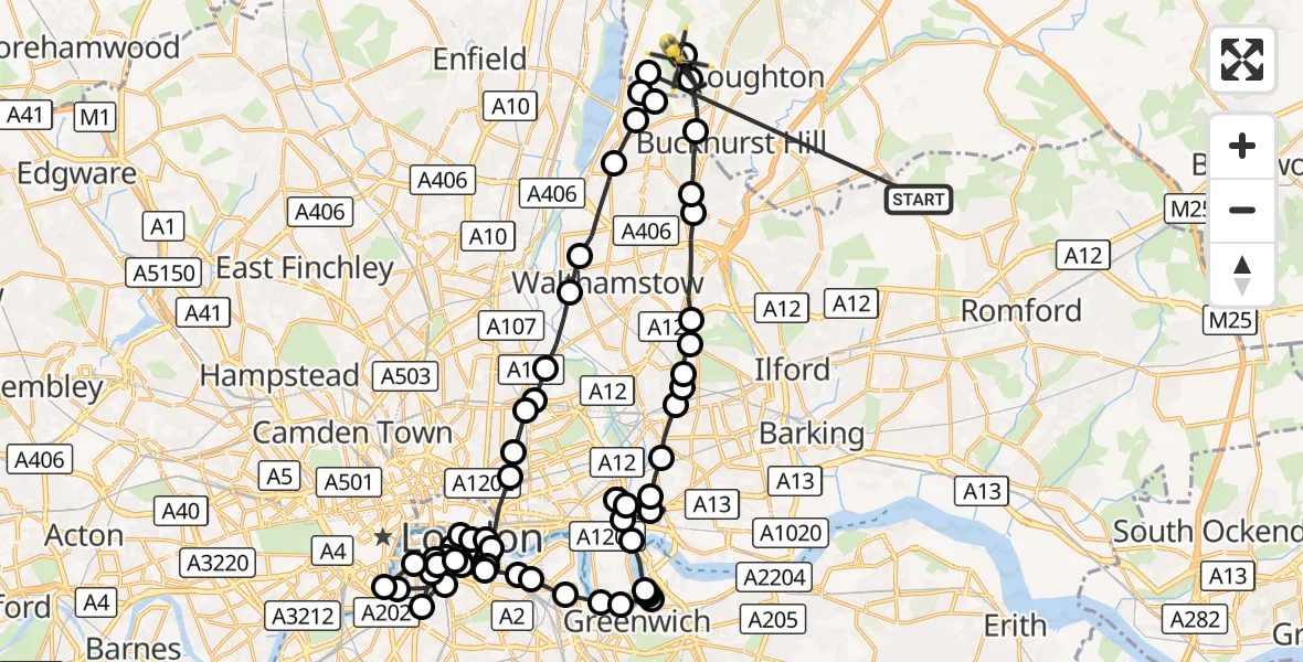 Flight route Police Helicopter Foxburrows Children's Zoo - Sewardstonebury, 04 October 2026, 20:10
