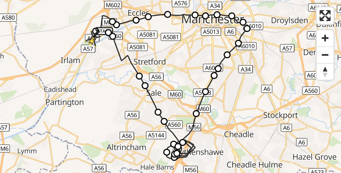 Flight route Police Helicopter Manchester Barton Aerodrome - Irlam, 04 October 2026, 21:29