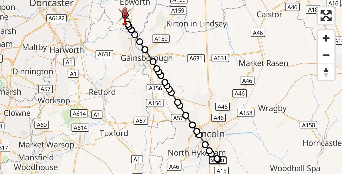 Flight route Air Ambulance Helicopter RAF Waddington - Upperthorpe, 04 October 2026, 21:33